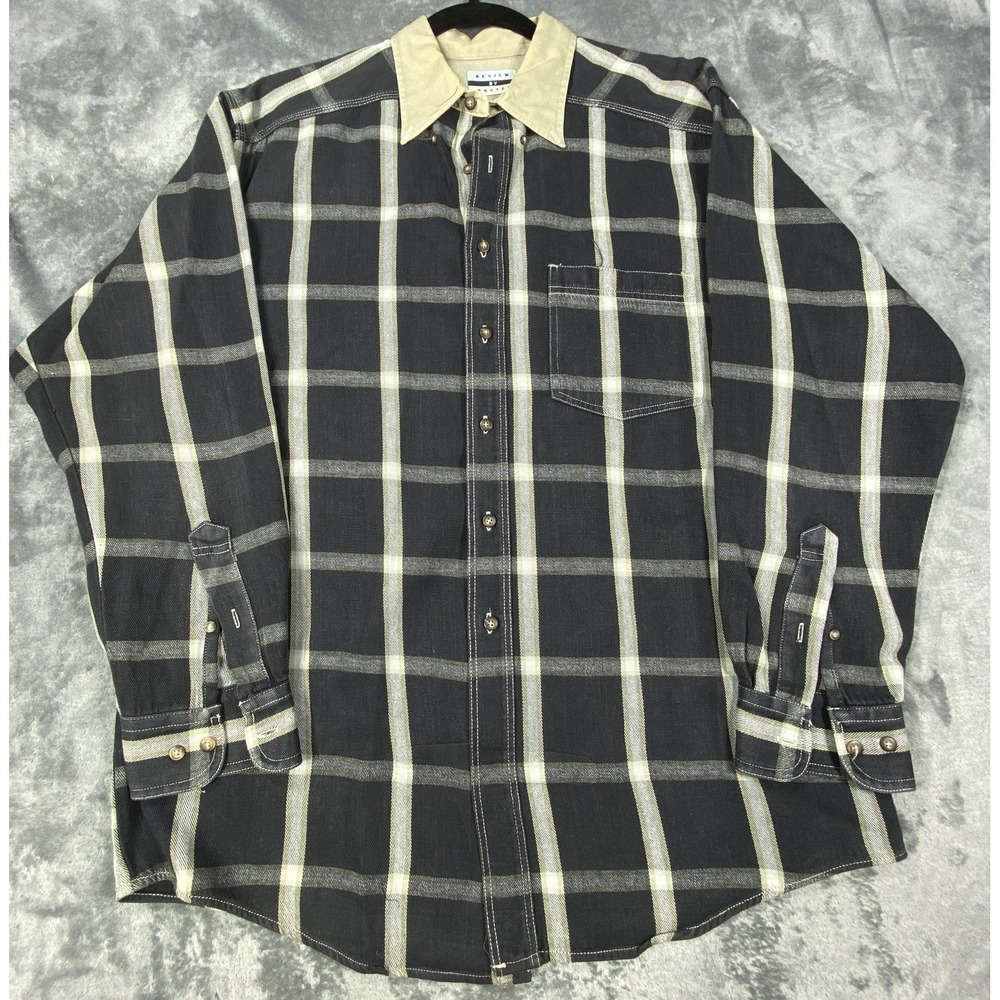 VTG 90s Review By Baxter Denim Shirt Mens Large Black‎ Plaid Long Sleeve Cotton